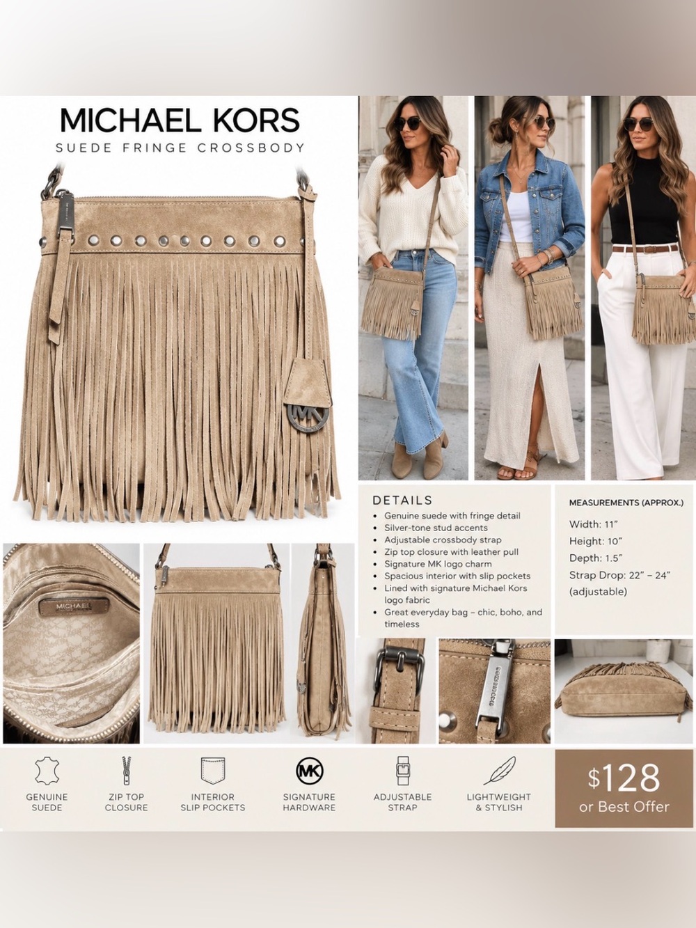 Michael Kors Taupe Suede Fringe Crossbody Bag